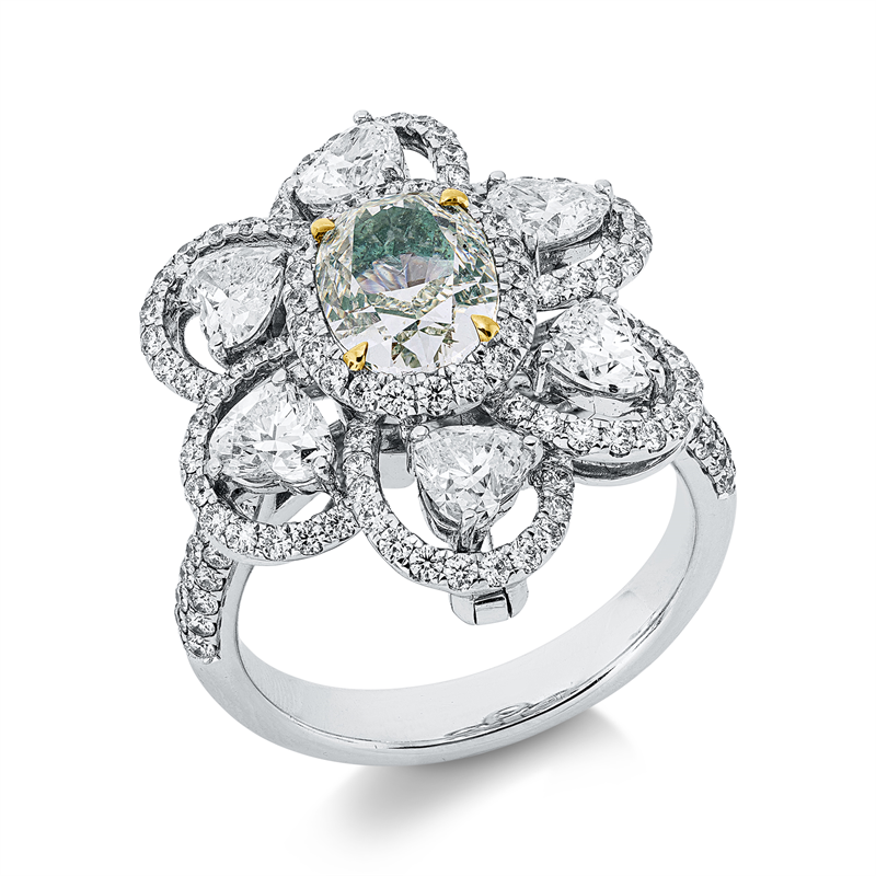 Ring 18 kt WG+GG, GIA,1 Ov 1,59 ct, grün, 2 Brill. 0,03 ct, 6 Herz. 1,45 ct, 146 Br. 0,86 ct, TW-vsi/si