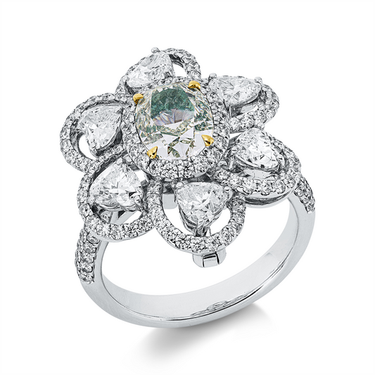Ring 18 kt WG+GG, GIA,1 Ov 1,59 ct, grün, 2 Brill. 0,03 ct, 6 Herz. 1,45 ct, 146 Br. 0,86 ct, TW-vsi/si