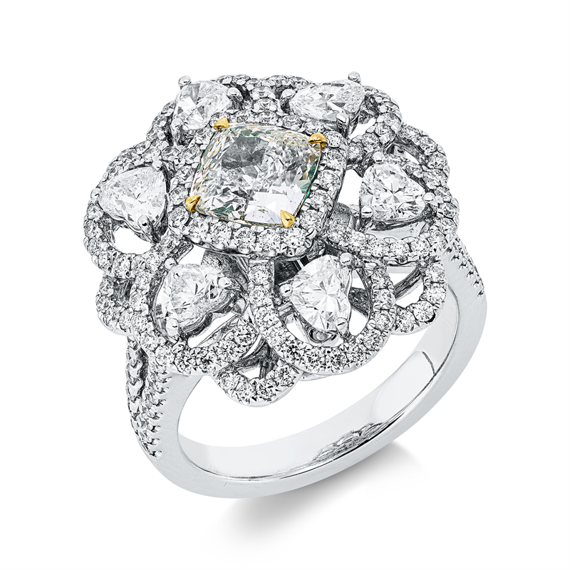 Ring 18 kt WG+GG, GIA,1 Cushion 1,31 ct, grün,  6 Herzschl. 1,12 ct, 154 Brill. 0,89 ct, TW-vsi/si