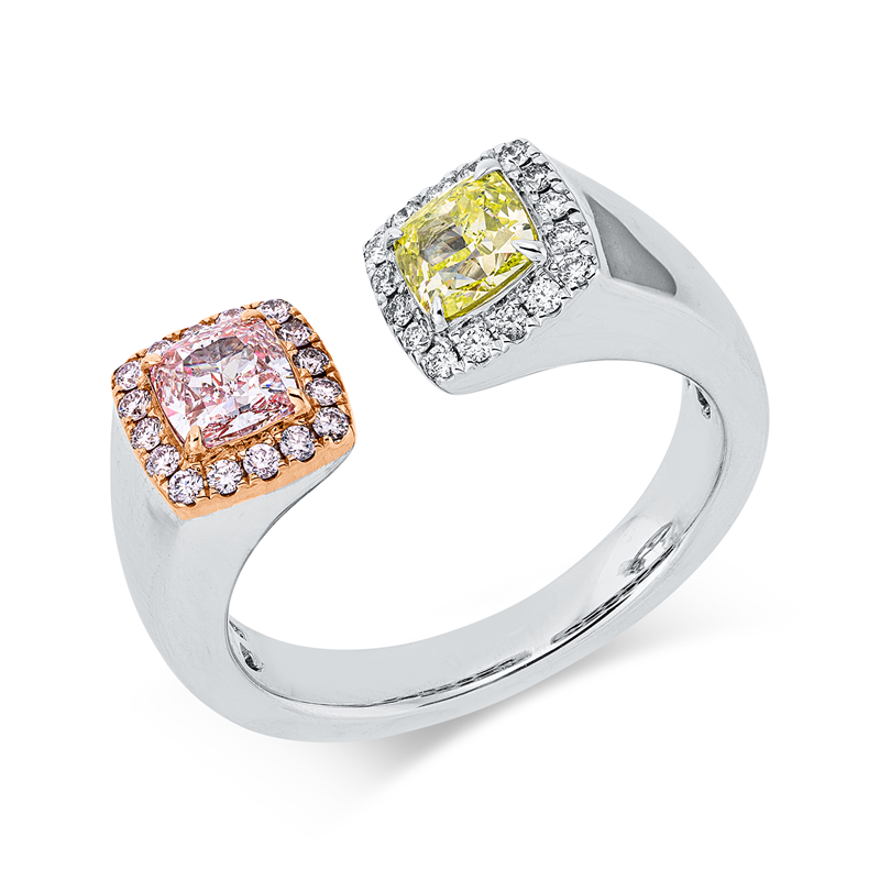 Ring 18 kt WR, 1 Cu 0,46ct, pink-si1, 1 Cu 0,50ct, gelb-si2, 16 Br. 0,08ct, F-vsi, 16 Br 0,10ct, pink