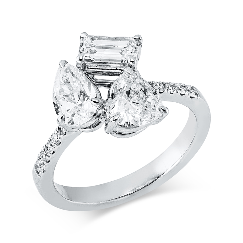 Ring 18 kt WG, 1 Herzschl. 0,70ct, 1 Tropfen 0,70ct, 1 Sm.schliff 0,70ct, W-si, 12 Br. 0,19ct, W-vsi/si