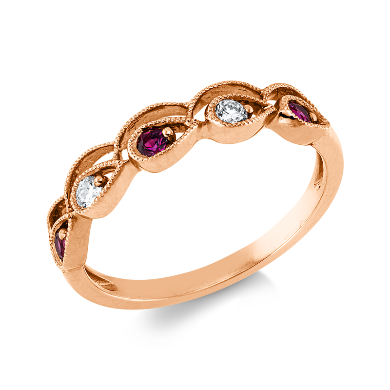 Ring 18 kt RG, 2 Brill. 0,08 ct, TW-si, 3 Rubine 0,14 ct rot