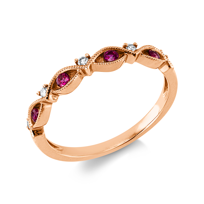 Ring 18 kt RG, 5 Brill. 0,05 ct, W-si, 4 Rubine 0,14 ct rot