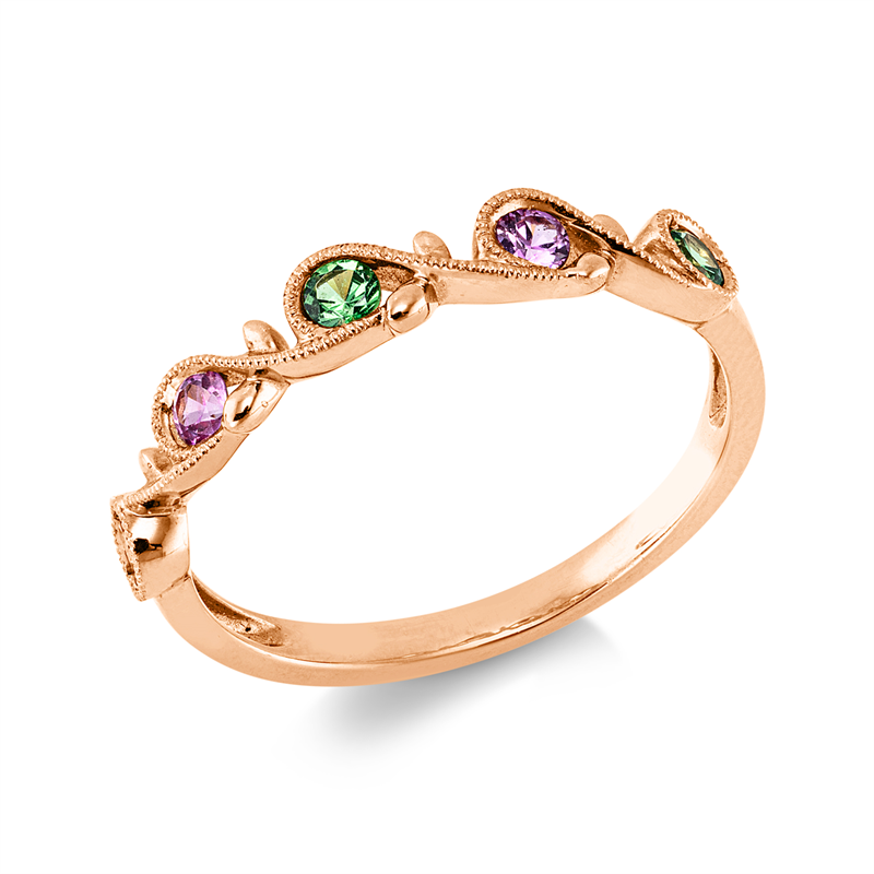 Ring 18 kt RG, 2 Saphire 0,11 ct pink, 3 Tsavorith 0,18 ct grün