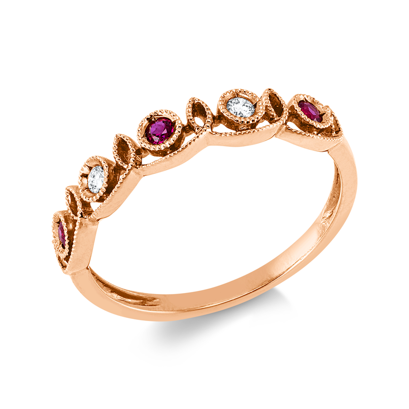 Ring 18 kt RG, 2 Brill. 0,04 ct, TW-si, 3 Rubine 0,09 ct rot