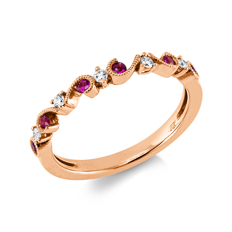 Ring 18 kt RG, 5 Brill. 0,09 ct, TW-si, 6 Rubine 0,14 ct rot
