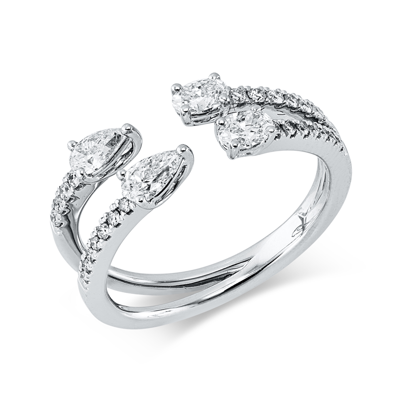 Ring 18 kt WG, 2 Tropfen 0,26 ct, W-vsi, 2 Oval 0,27 ct, W-vsi, 25 Brill. 0,18 ct, TW-si