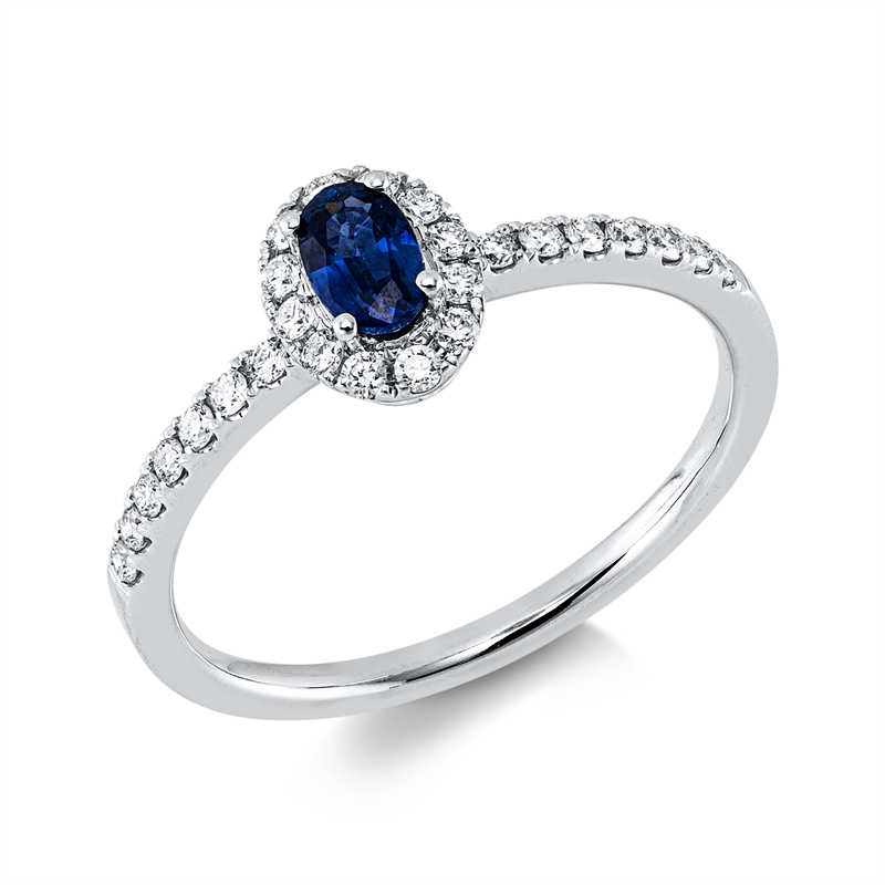 Ring 18 kt WG, 26 Brill. 0,22 ct, TW-si, 1 Saphir 0,34 ct blau