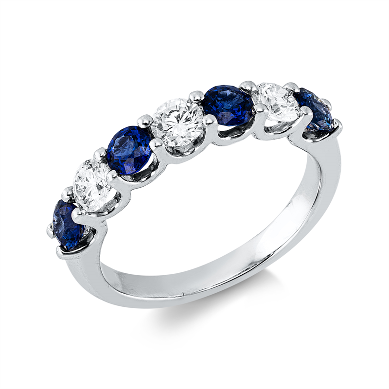 Ring 18 kt WG, 3 Brill. 0,64 ct, TW-si, 4 Saphire 1,02 ct blau
