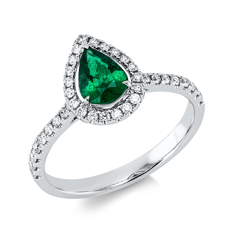 Ring 18 kt WG, 38 Brill. 0,28 ct, TW-si, 1 Smaragd 0,50 ct grün