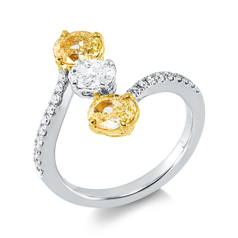 Ring 18 kt WG+GG, 2 Ov 1,04ct, gelb-vsi/si, 1 Ov 0,30ct, D/F-vsi/si,12 Br. 0,13ct, 8 Br. 0,06 ct, D/F-si