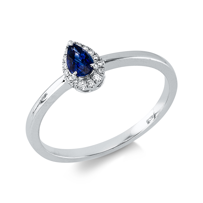 Ring 18 kt WG, 16 Brill. 0,07 ct, TW-si, 1 Saphir 0,29 ct blau