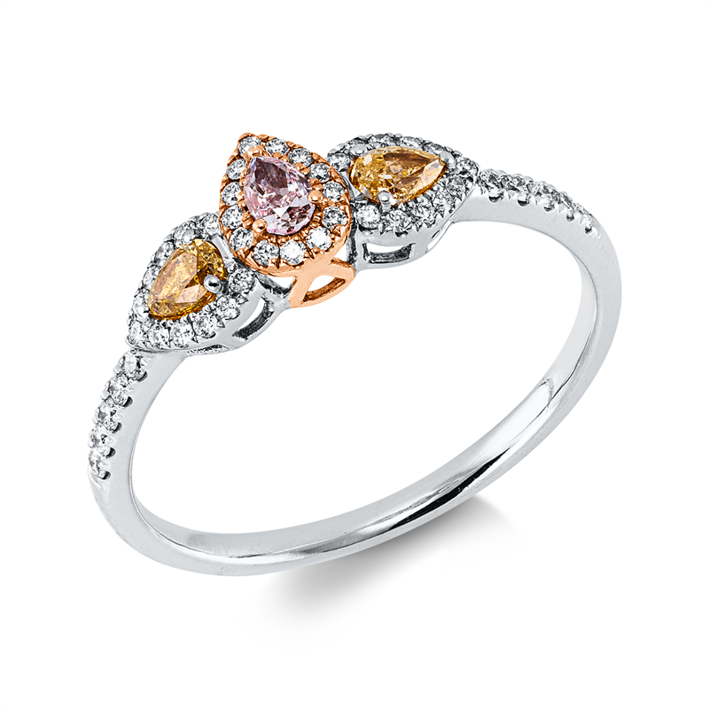 Ring 18 kt WG+RG, 45 Brill. 0,14 ct, TW-vsi, 1 Tropfen 0,09 ct, pink, 2 Tropfen 0,18 ct, gelb