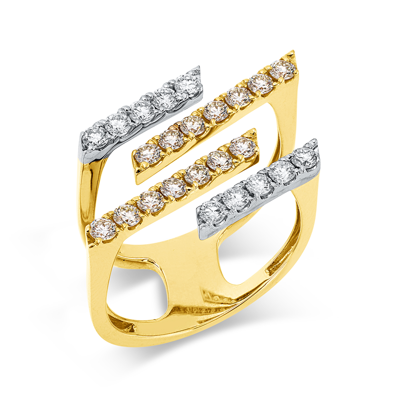 Ring 18 kt GG+WG, 10 Brill. 0,45 ct, TW-si, 14 Brill. 0,64 ct, gelb