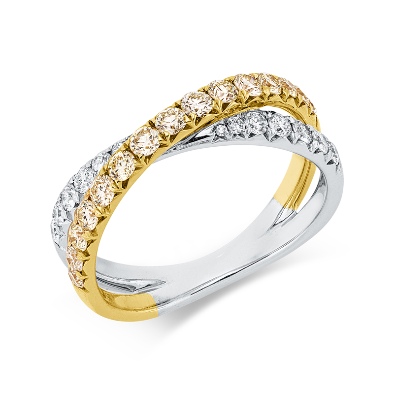 Ring 18 kt WG+GG, 2 Brill. 0,05 ct, 8 Brill. 0,20 ct, 4 Brill. 0,02 ct, TW-si, 15 Brill. 0,53 ct, gelb
