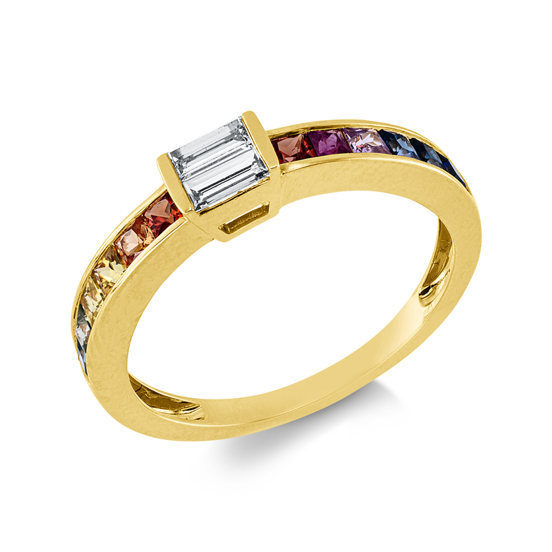 Ring 18 kt GG, 2 Bag. 0,18 ct, TW-si, 12 Saphire 0,74 ct multicolor