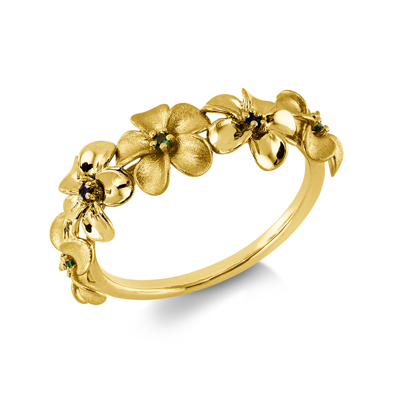 Ring 18 kt GG, partly mattiert, 3 Tsavorith 0,03 ct grün, 2 Saphire 0,03 ct blau