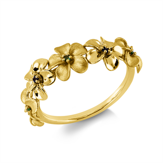 Ring 18 kt GG, partly mattiert, 3 Tsavorith 0,03 ct grün, 2 Saphire 0,03 ct blau