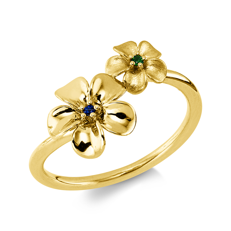 Ring 18 kt GG, teils matttiert, 1 Saphir 0,01 ct blau, 1 Tsavorith 0,01 ct grün