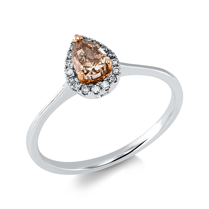 Ring 18 kt WG, 17 Brill. 0,07 ct, pink-si, 1 Tropfen 0,36 ct, braun-si