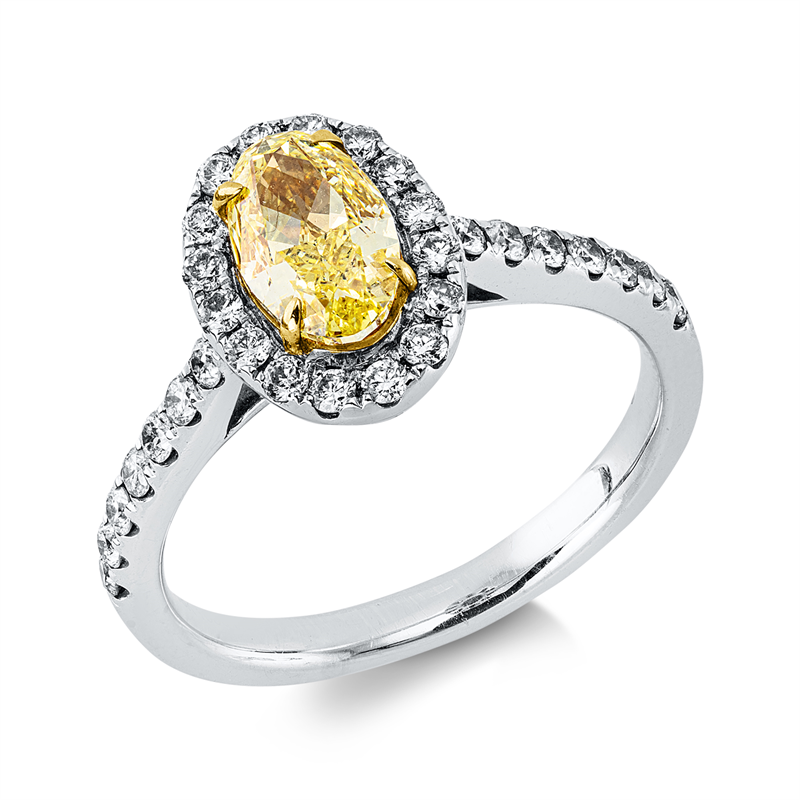 Ring 18 kt WG+GG, GIA5182312296, 1 Oval 1,01 ct, gelb-vs2, 30 Brill. 0,43 ct, TW-si/pi