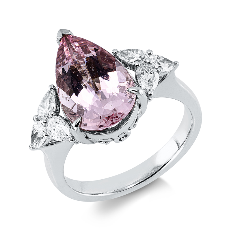 Ring 18 kt WG, 6 Tropfen 0,67 ct, F-vsi, 3 Brill. 0,02 ct, TW-si, 1 Morganit 3,07 ct pink
