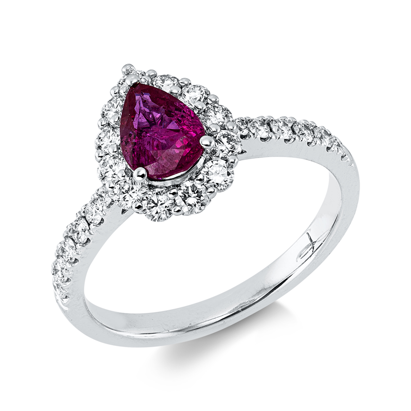 Ring 18 kt WG, 24 Brill. 0,51 ct, TW-si, 1 Rubin 0,84 ct rot