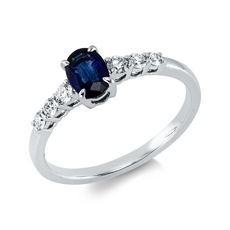 Ring 18 kt WG, 6 Brill. 0,20 ct, TW-si, 1 Saphir 0,58 ct blau