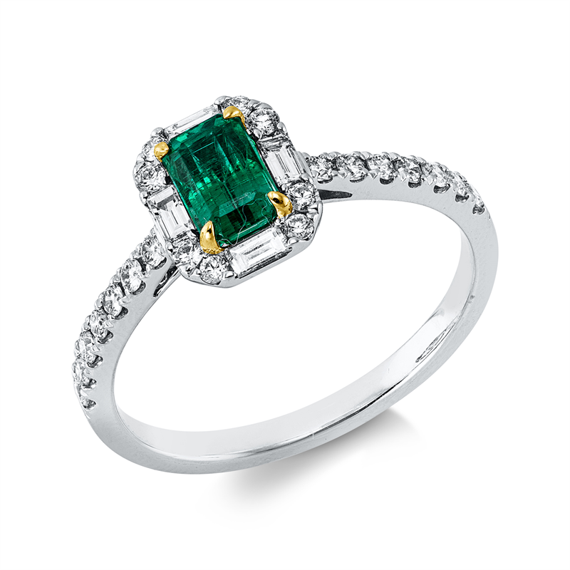 Ring 18 kt WG+GG, 4 Bag. 0,12 ct, TW-vsi/si, 22 Brill. 0,23 ct, TW-si, 1 Smaragd 0,62 ct grün