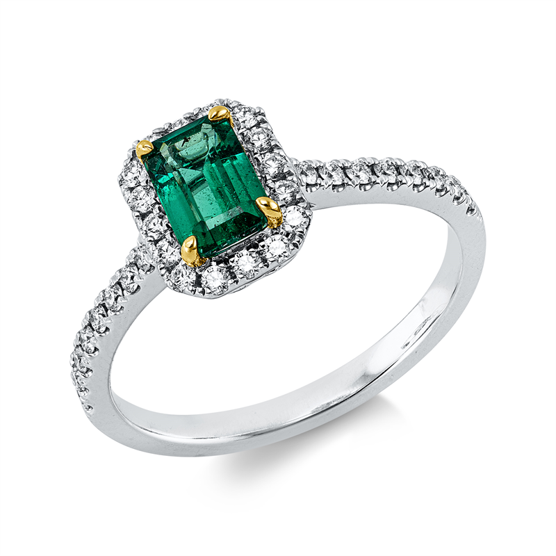 Ring 18 kt WG+GG, 32 Brill. 0,27 ct, TW-si, 1 Smaragd 0,64 ct grün