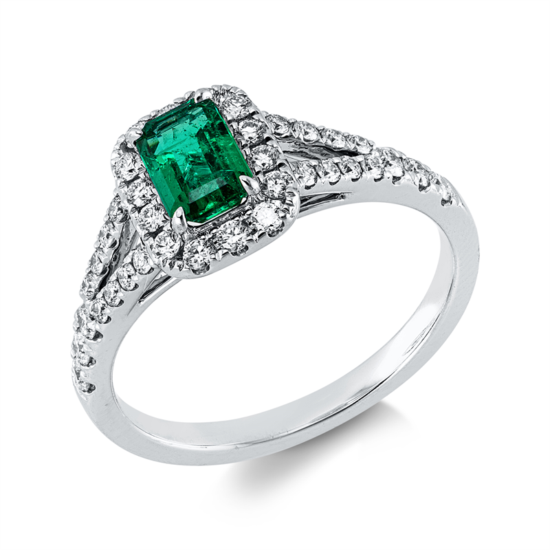 Ring 18 kt WG, 36 Brill. 0,42 ct, TW-si, 1 Smaragd 0,52 ct grün
