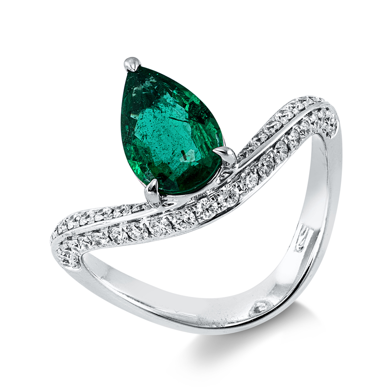 Ring 18 kt WG, 39 Brill. 0,38 ct, TW-si, 1 Smaragd 0,97 ct grün
