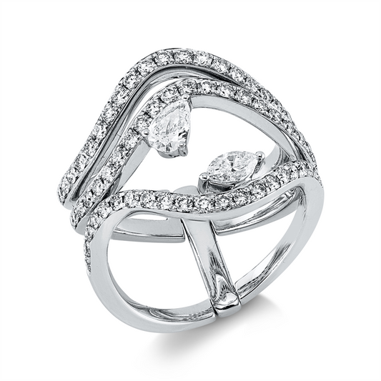 Ring 18 kt WG, 1 Tropfen 0,20 ct, TW-vsi, 1 Nav. 0,15 ct, TW-vsi, 63 Brill. 0,89 ct, TW-vsi