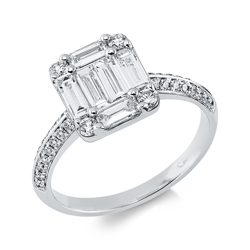 Ring 18 kt WG, 6 Bag. 0,68 ct, TW-vsi, 36 Brill. 0,29 ct, TW-vsi