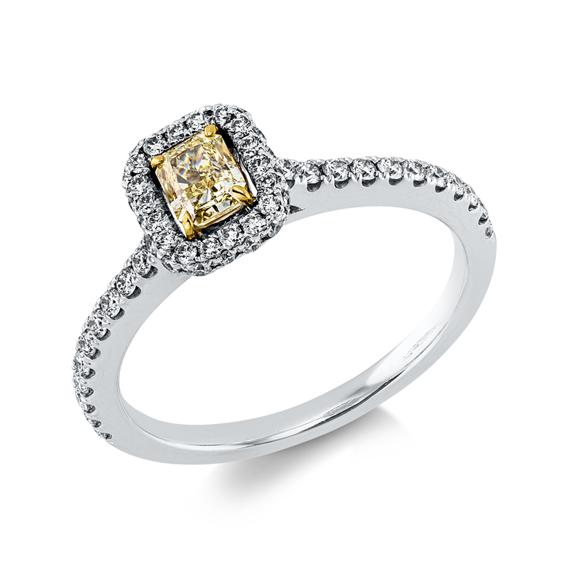 Ring 18 kt WG+GG, 58 Brill. 0,29 ct, TW-vsi, 1 Cushion 0,30 ct, gelb