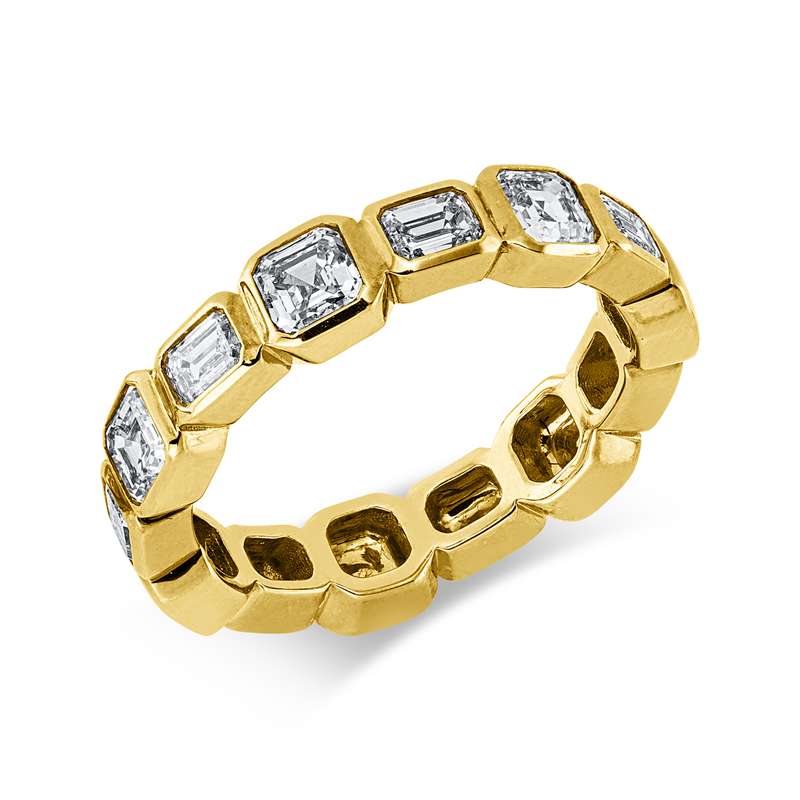 Ring 18 kt GG, 3 Assher 0,79 ct, TW-vsi, 4 Sm.schliff 0,55 ct, TW-vsi