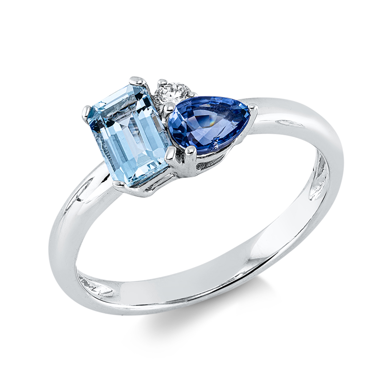 Ring 18 kt WG, 1 Brill. 0,05 ct, TW-vsi, 1 Aquamarin 0,47 ct blau, 1 Saphir 0,49 ct blau