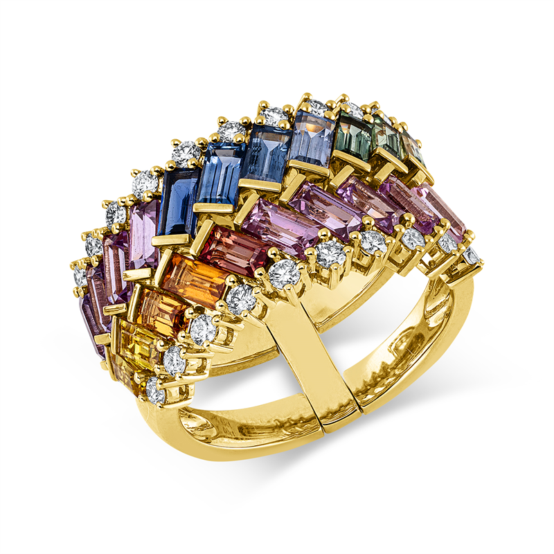 Ring 18 kt GG, 21 Brill. 0,43 ct, TW-vsi, 21 Saphire 4,00 ct multicolor