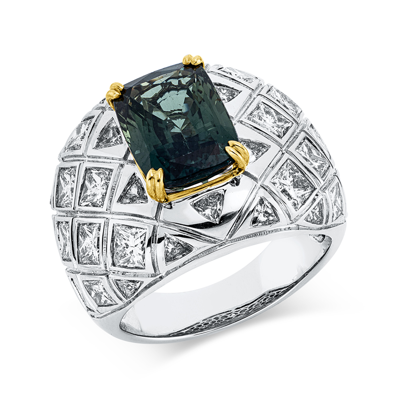 Ring 18 kt WG+GG, 20 Princ. 3,12 ct, TW-vsi, 14 Triangel 0,51 ct, TW-vsi, 1 Turmalin 5,01 ct grün