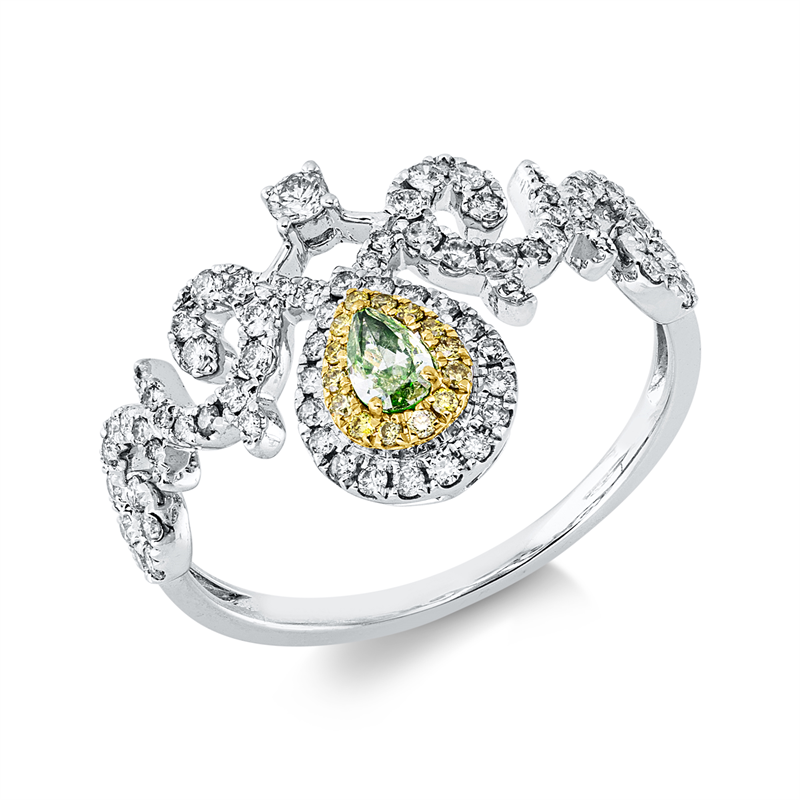 Ring 18 kt WG+GG, 69 Brill. 0,38 ct, TW-si, 1 Tropfen 0,11 ct, grün, 14 Brill. 0,06 ct, gelb