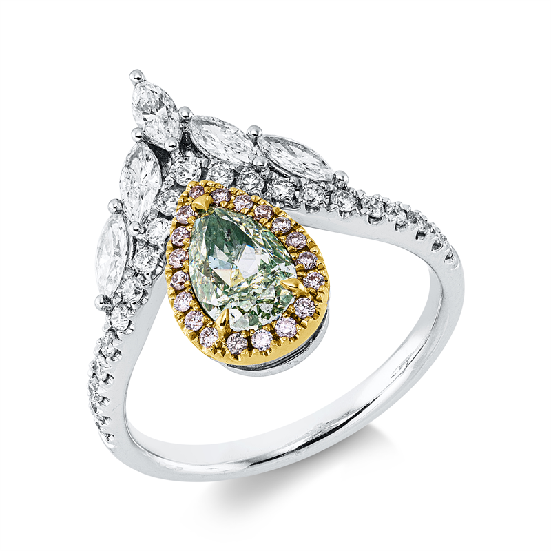 Ring 18 kt WG+RG, GIA x 1 pc, 5 Nav. 0,39 ct, TW-si, 40 Brill. 0,32 ct, TW-si, 1 Tropfen 1,01 ct, grün