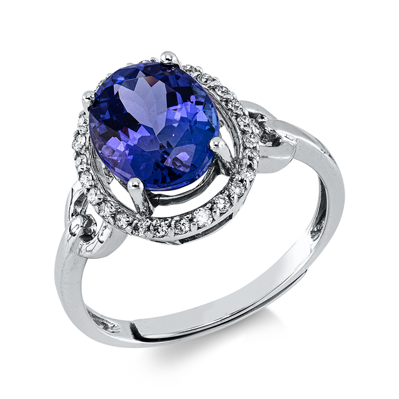 Ring 18 kt WG, 26 Brill. 0,12 ct, F-si, 1 Tansanit 2,30 ct blau