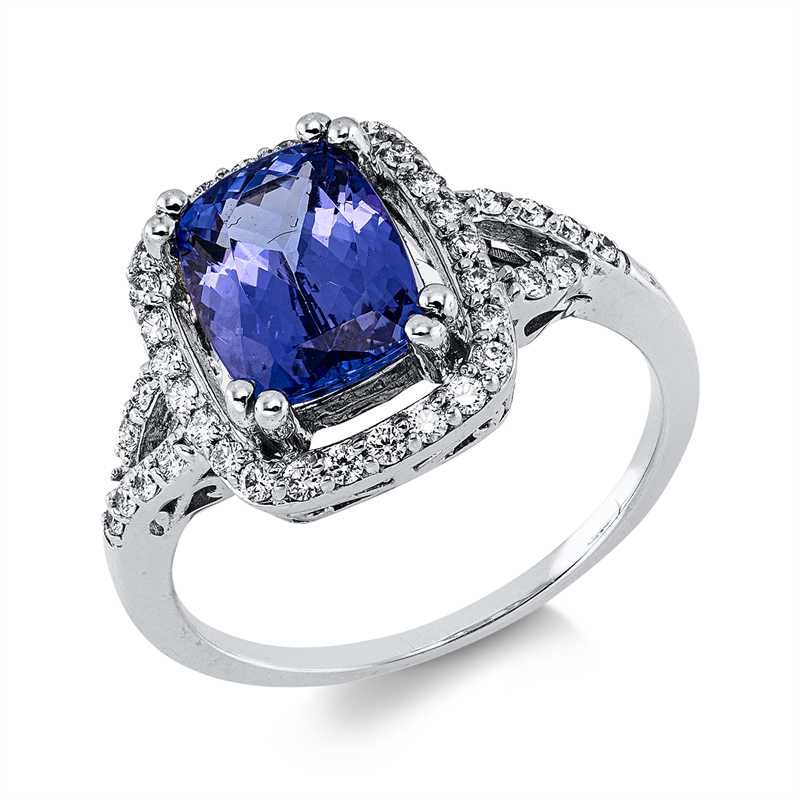 Ring 18 kt WG, 40 Brill. 0,34 ct, F-si, 1 Tansanit 2,31 ct blau