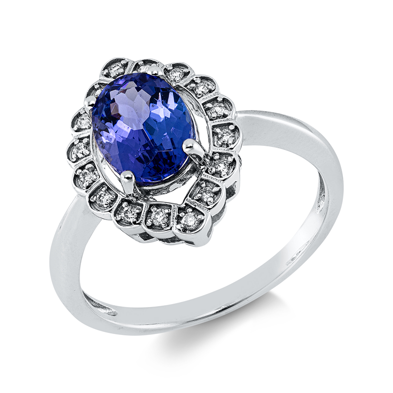 Ring 18 kt WG, 16 Brill. 0,08 ct, F-si, 1 Tansanit 1,47 ct blau