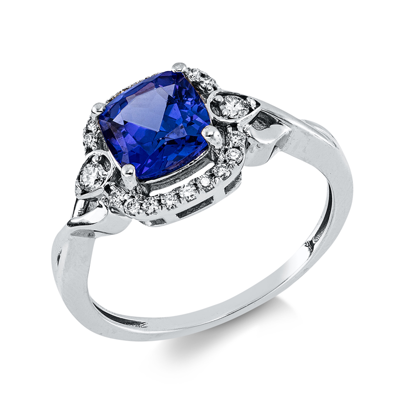 Ring 18 kt WG, 20 Brill. 0,15 ct, F-si, 1 Tansanit 1,25 ct blau