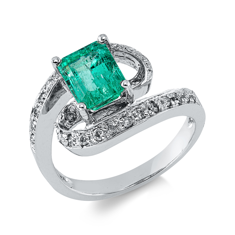 Ring 18 kt WG, 26 Brill. 0,23 ct, F-pi, 1 Smaragd 1,50 ct grün