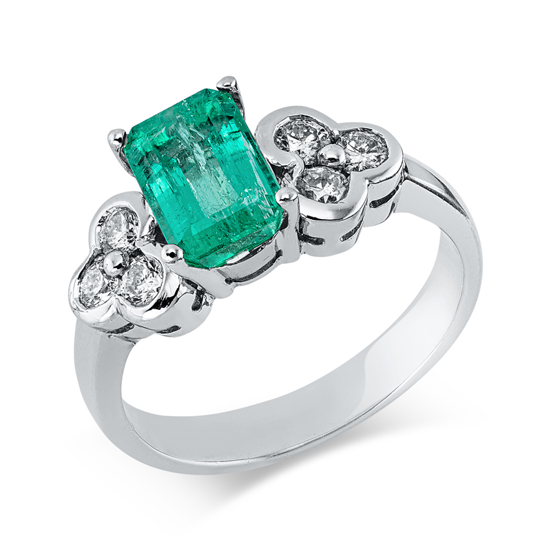 Ring 18 kt WG, 6 Brill. 0,36 ct, F-pi, 1 Smaragd 1,55 ct grün