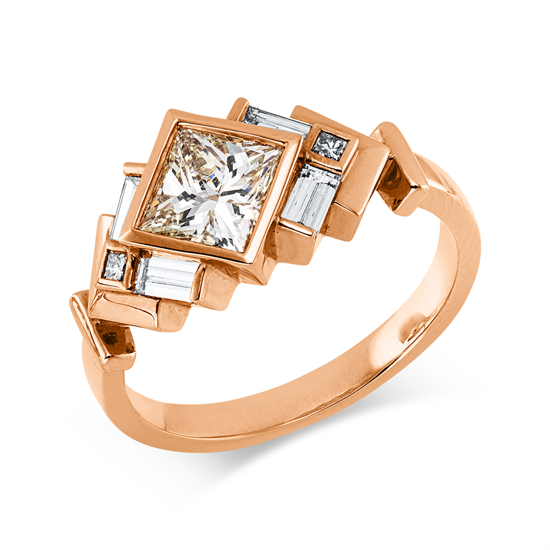 Ring 18 kt RG, 2 Princ. 0,04 ct, F-si, 1 Princ. 1,05 ct, K-vsi, 4 Bag. 0,33 ct, F-si