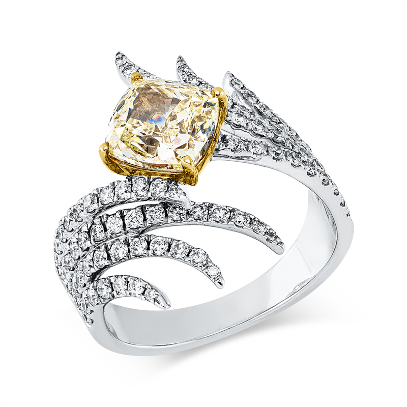 Ring 18 kt WG+GG, GIA 6212702854, 1 Cushion 2,02 ct, gelb-vs2, 87 Brill. 0,75 ct, F-si
