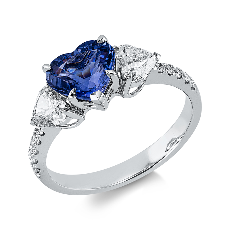 Ring 18 kt WG, 2 Herzschl. 0,70 ct, F-si, 10 Brill. 0,15 ct, F-vsi, 1 Saphir 1,71 ct blau